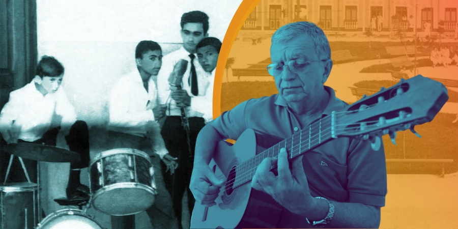 Fotomontagem. À esquerda, CONJUNTO GIMARA ( Ginásio Marista de Aracati ). Da esquerda para a direita: bateria Netinho Ponciano, vocais Sérgio Seresteiro, Luiz de Alexandre, um pouco atrás, Ir. Gonzaga. Foto de 1966. Acervo: Netinho Ponciano